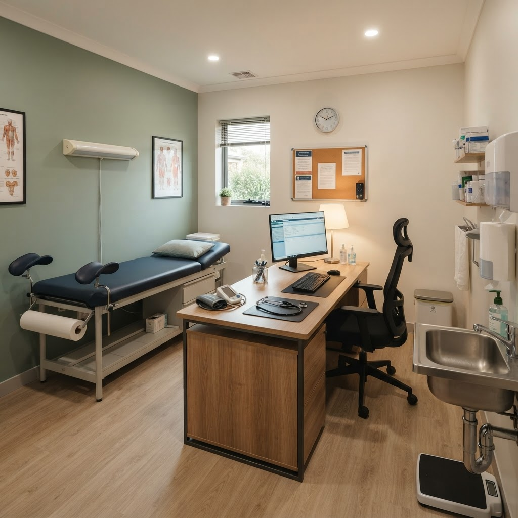 Clean and modern GP consultation room at Ray Rickard Medical Centre Fairfield