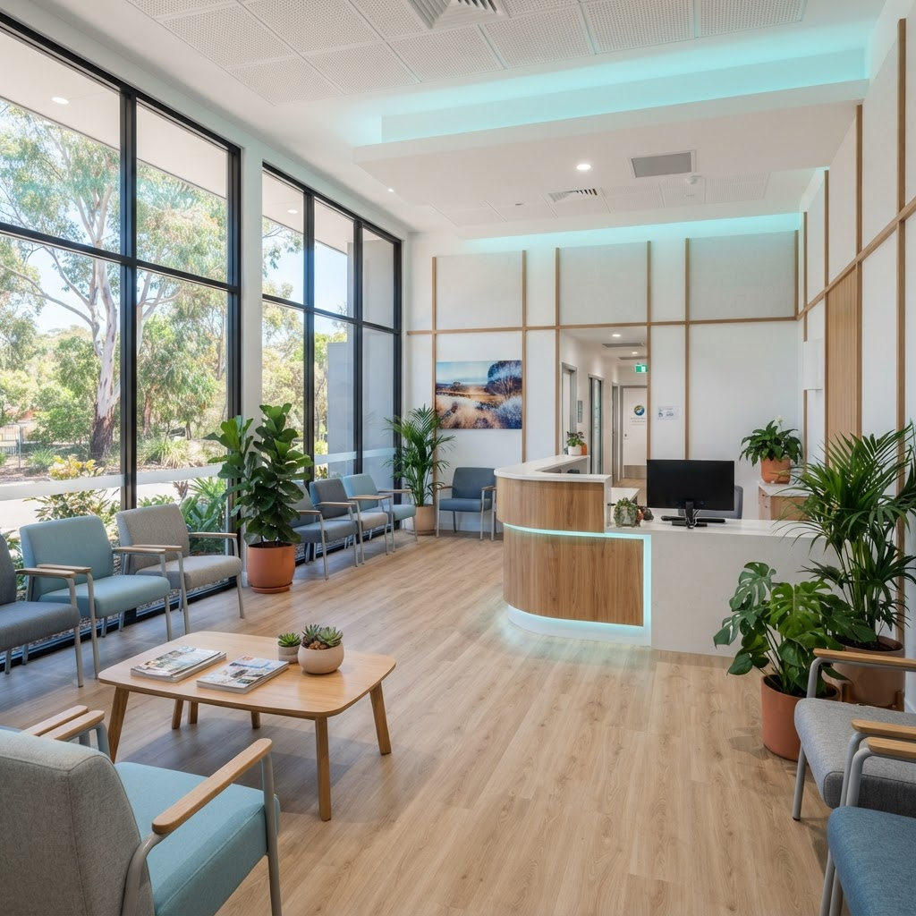 Modern medical centre reception area with comfortable seating and natural light